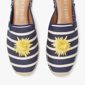 kate Spade New York Navy & White Striped Espadrilles with Yellow Flower Accent